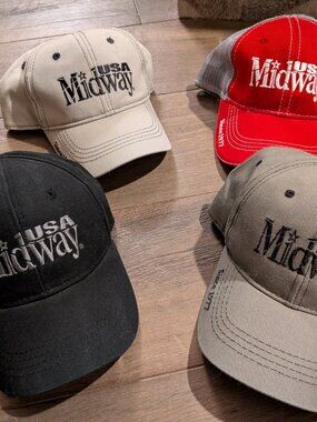 Lot of 4 MidwayUSA Baseball Caps & Trucker Hats Unisex - Black, Green, Grey, Red